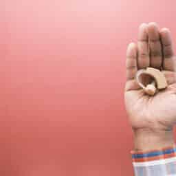 Hand holding a hearing aid over a pink background